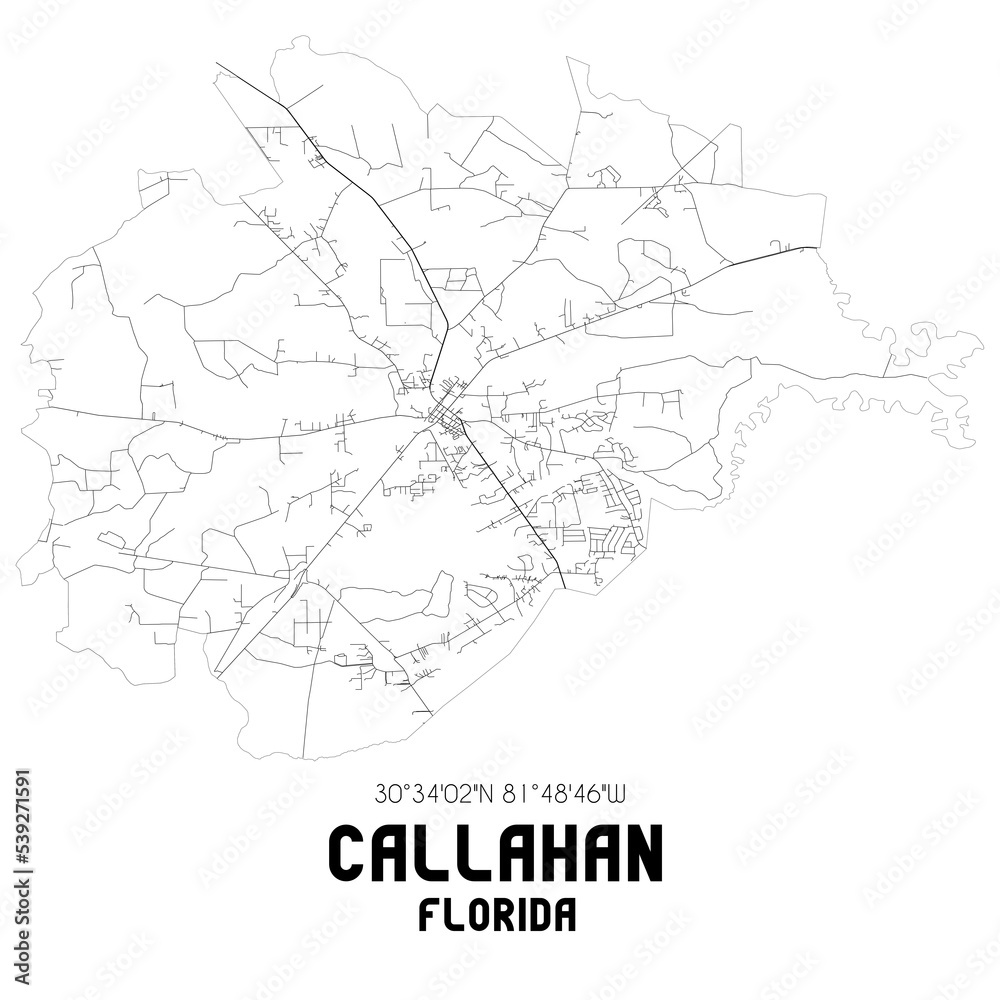 Callahan Florida. US street map with black and white lines.