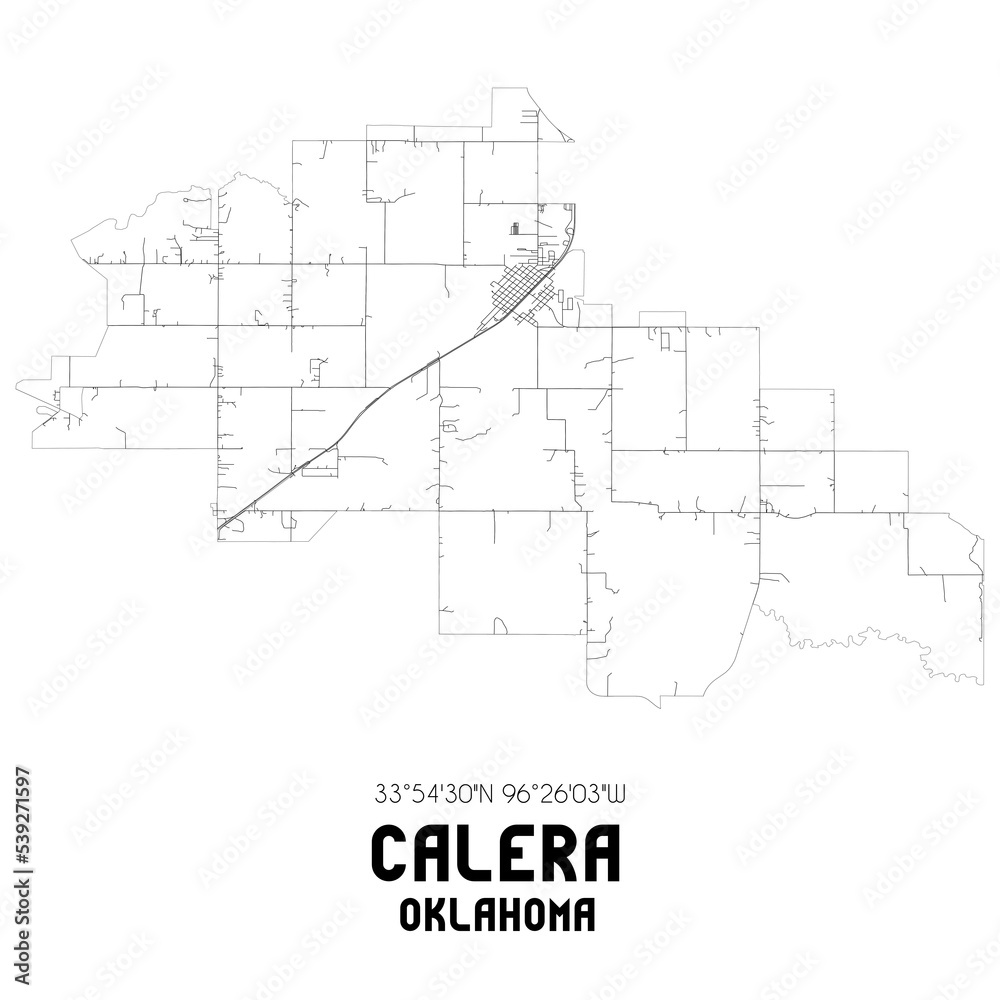 Calera Oklahoma. US street map with black and white lines.