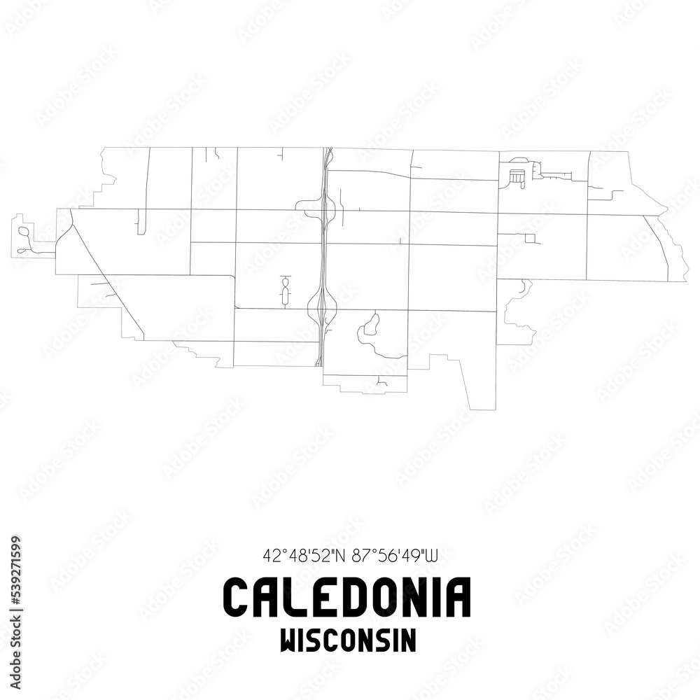 Caledonia Wisconsin. US street map with black and white lines.
