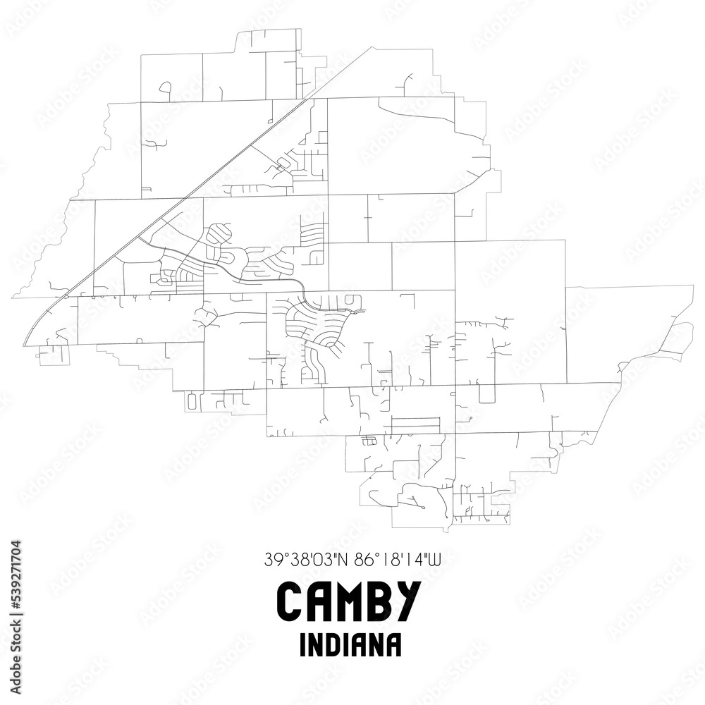 Camby Indiana. US street map with black and white lines.