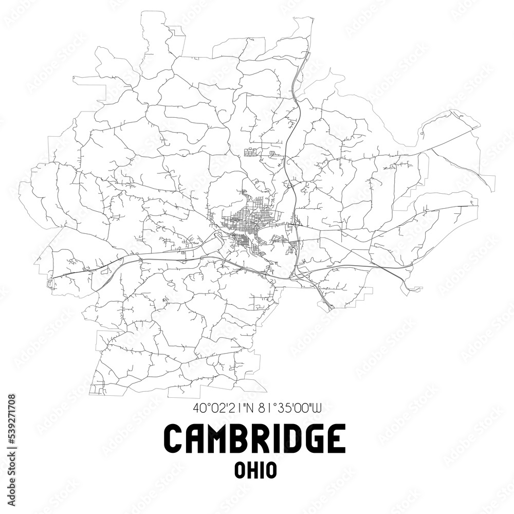 Cambridge Ohio. US street map with black and white lines.