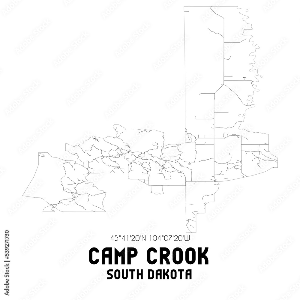 Camp Crook South Dakota. US street map with black and white lines.