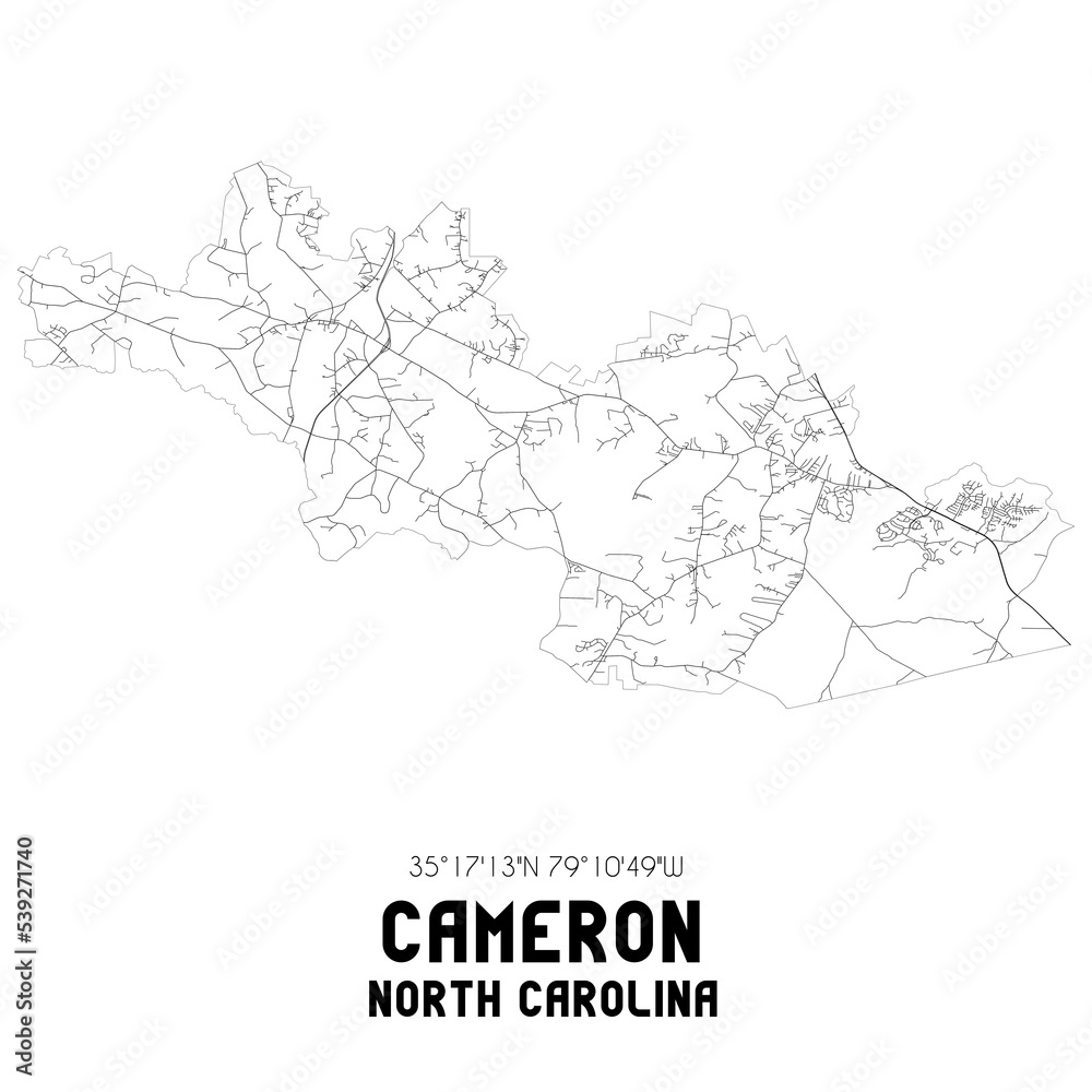 Cameron North Carolina. US street map with black and white lines.