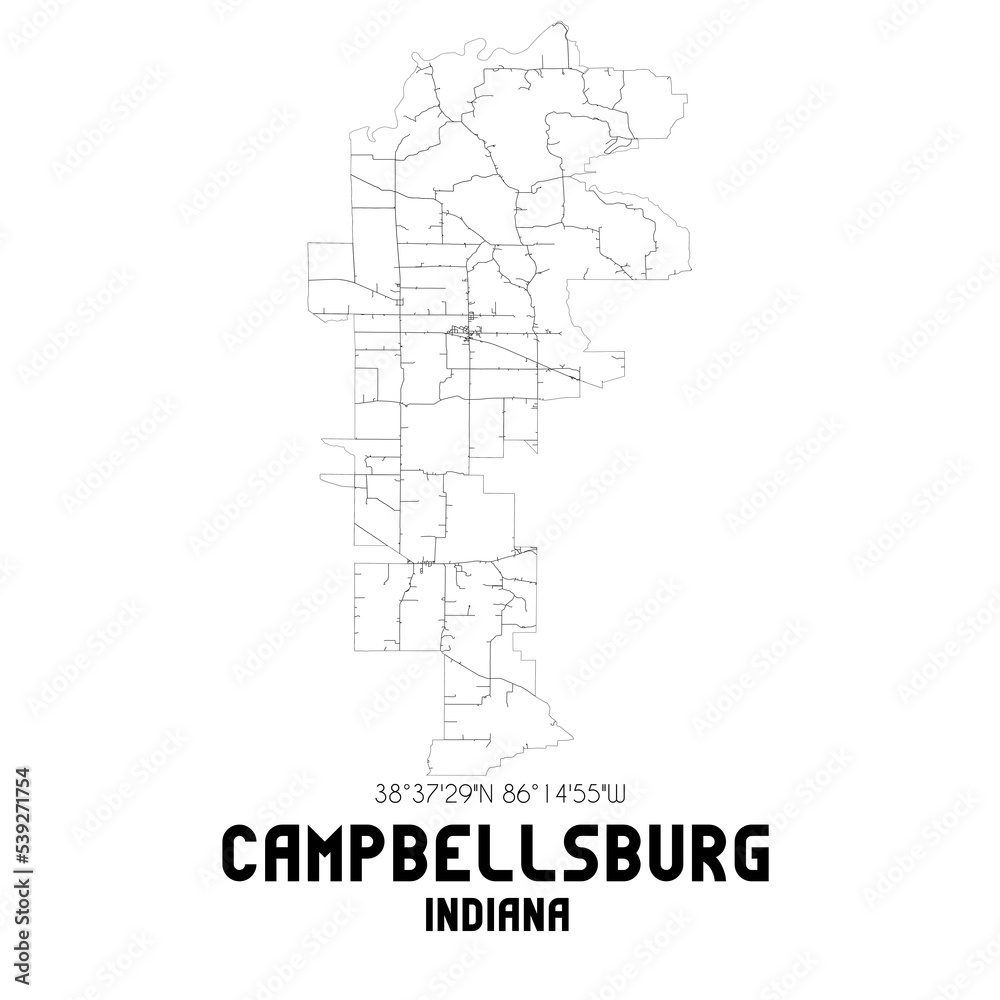 Campbellsburg Indiana. US street map with black and white lines.