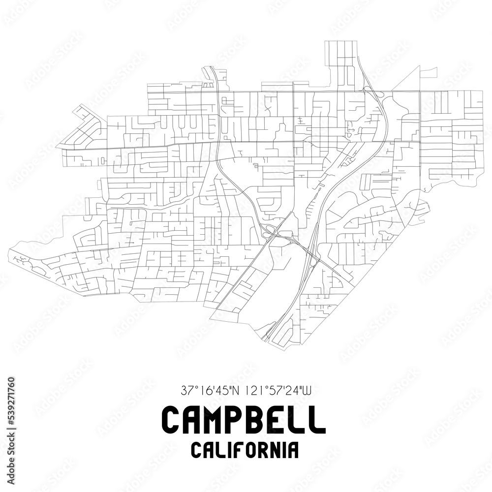 Campbell California. US street map with black and white lines.