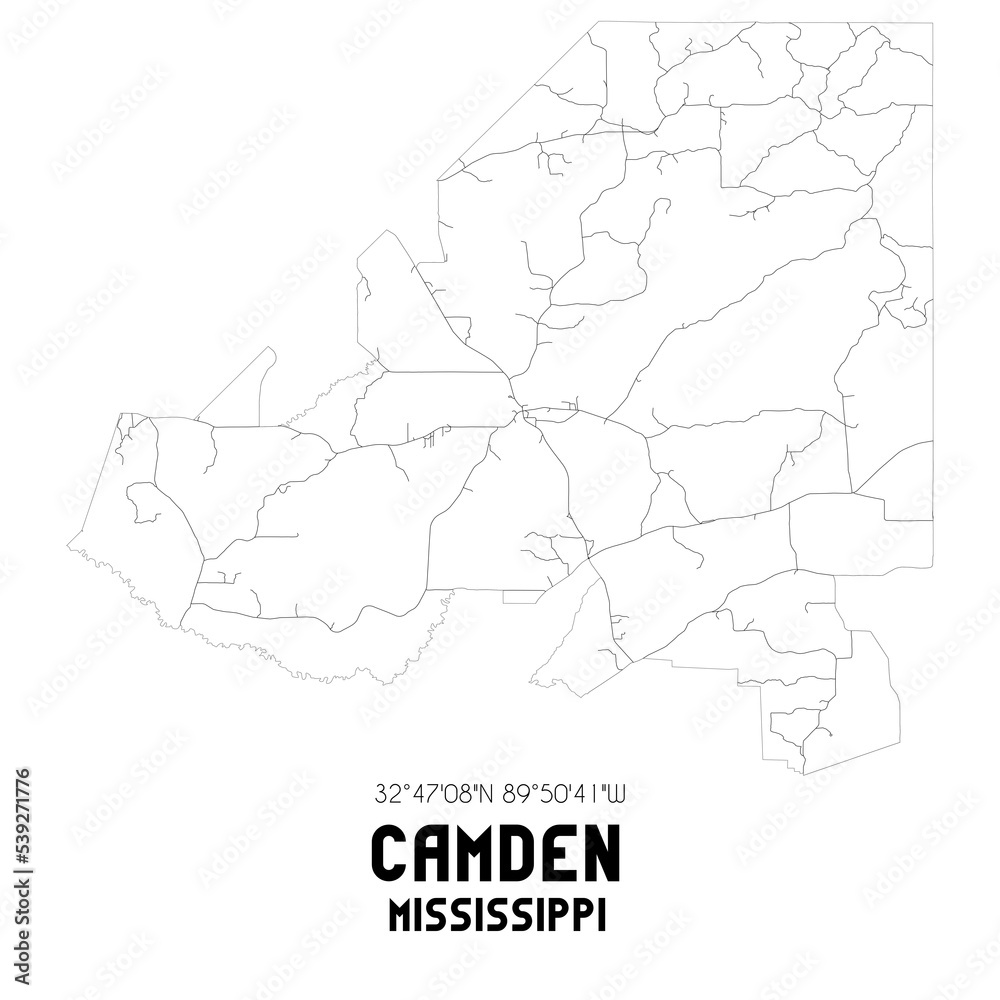 Camden Mississippi. US street map with black and white lines.