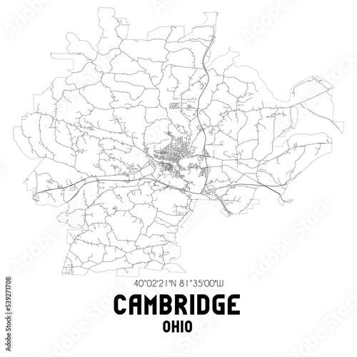 Cambridge Ohio. US street map with black and white lines.