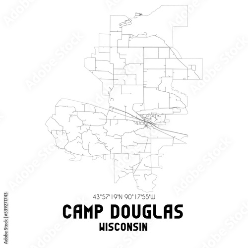 Camp Douglas Wisconsin. US street map with black and white lines.