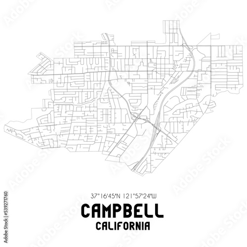 Campbell California. US street map with black and white lines. photo