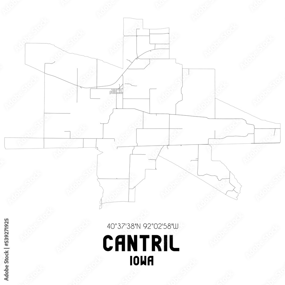 Cantril Iowa. US street map with black and white lines.