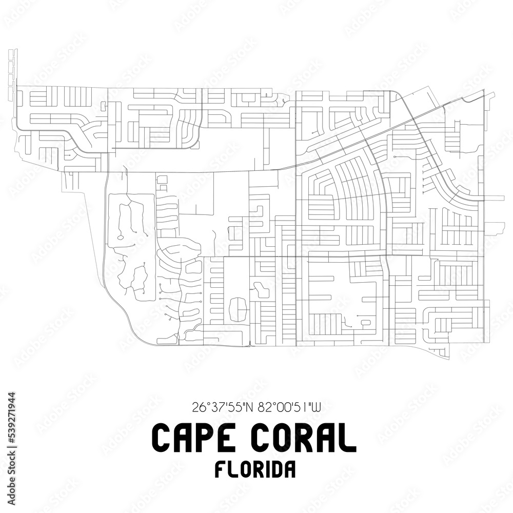 Cape Coral Florida. US street map with black and white lines.