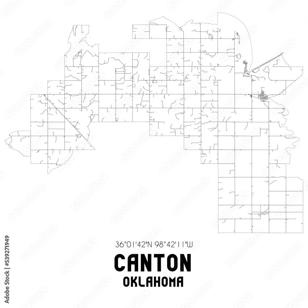 Canton Oklahoma. US street map with black and white lines.
