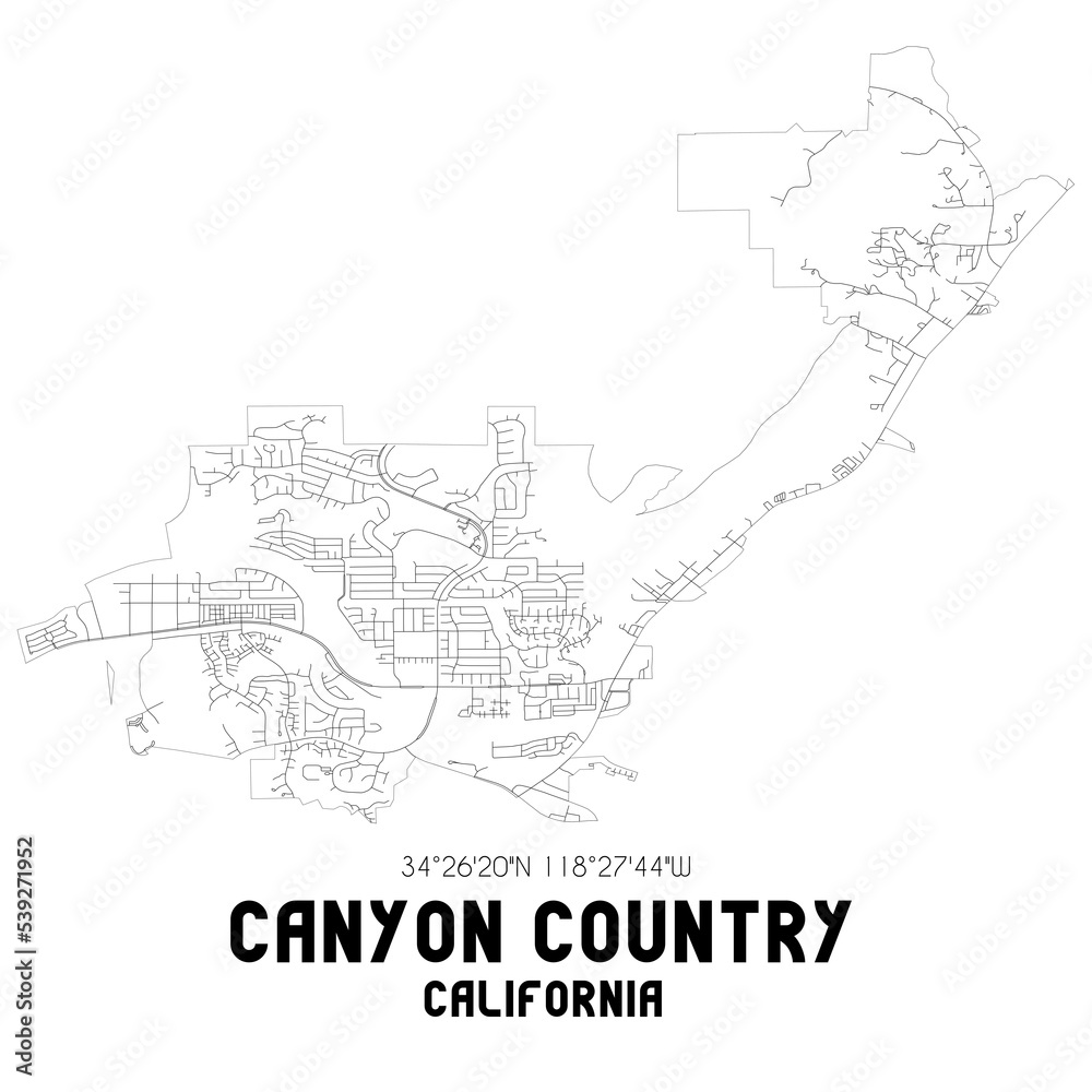 Canyon Country California. US street map with black and white lines.