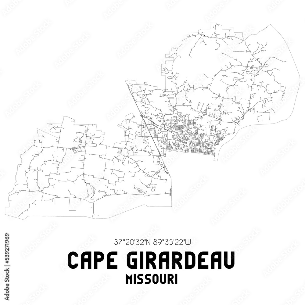 Cape Girardeau Missouri. US street map with black and white lines.