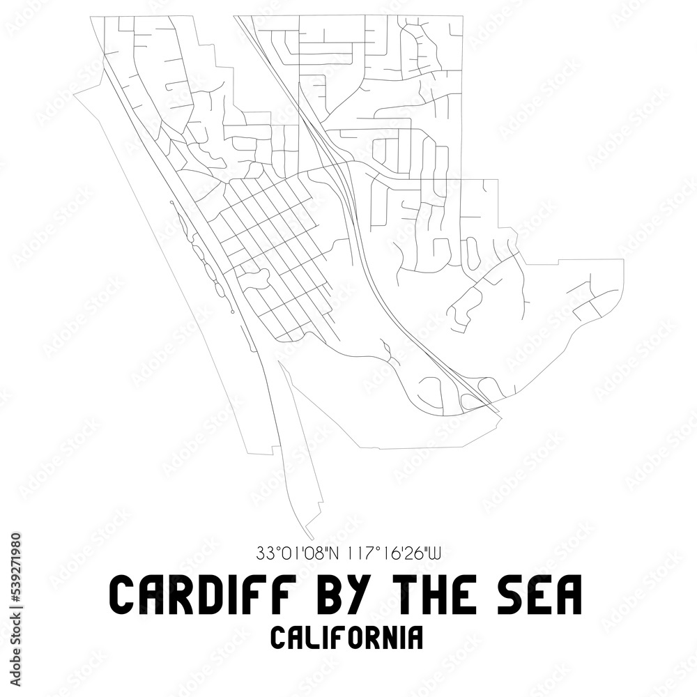 Cardiff By The Sea California. US street map with black and white lines.