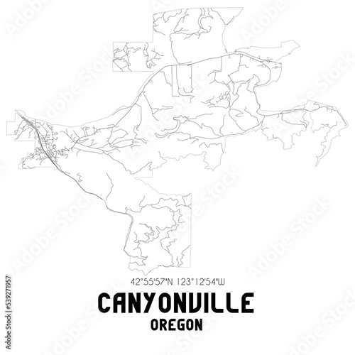 Canyonville Oregon. US street map with black and white lines.