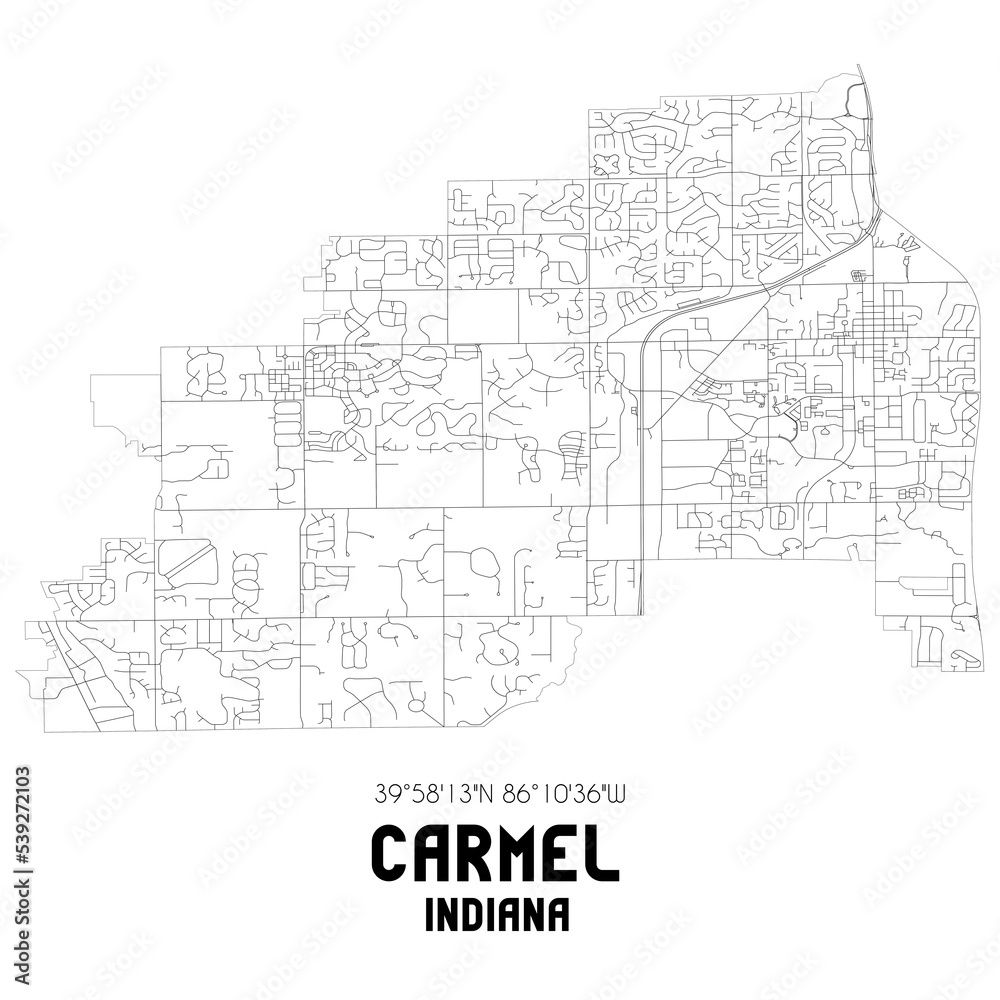 Carmel Indiana. US street map with black and white lines.