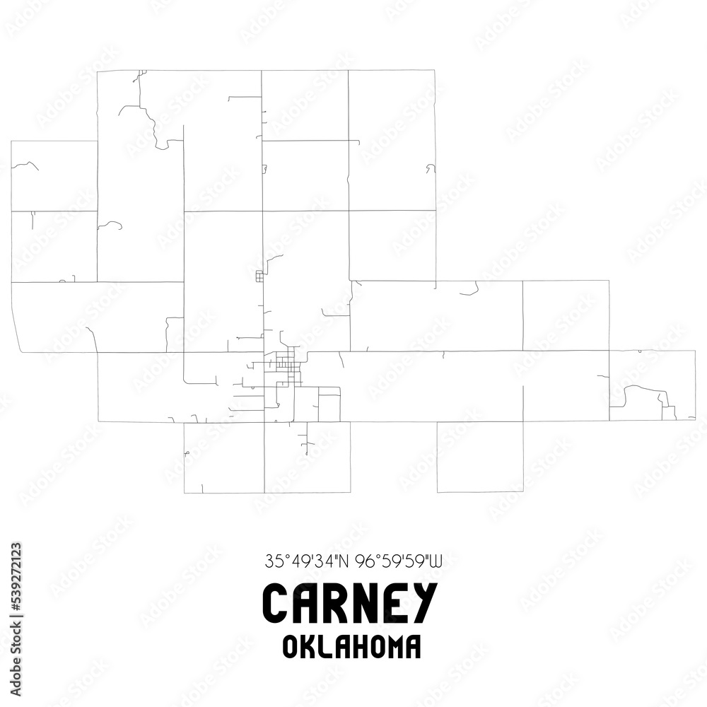 Carney Oklahoma. US street map with black and white lines.