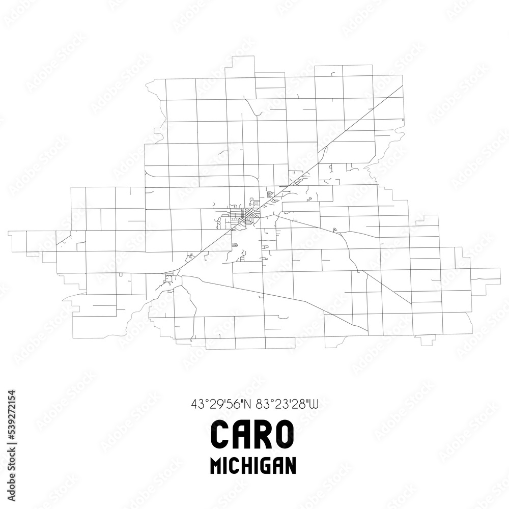 Caro Michigan. US street map with black and white lines.