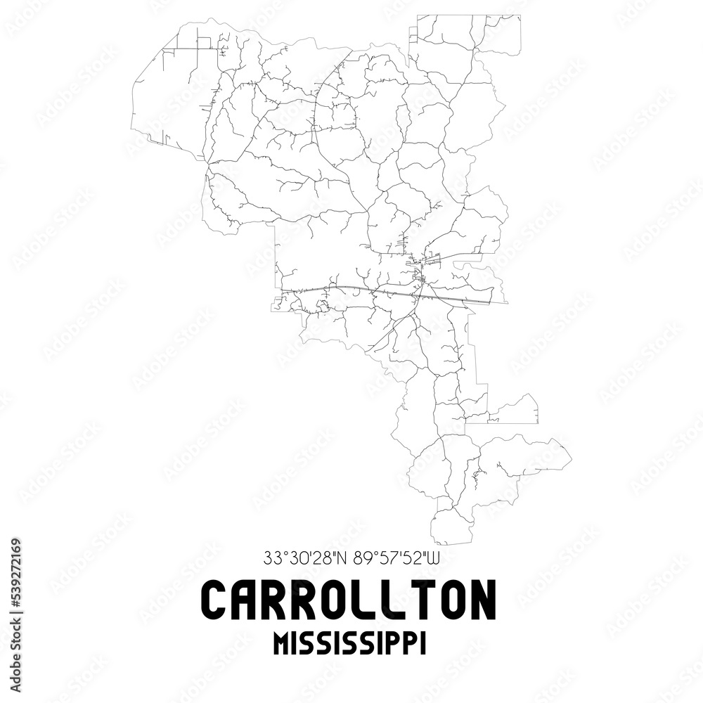 Carrollton Mississippi. US street map with black and white lines.