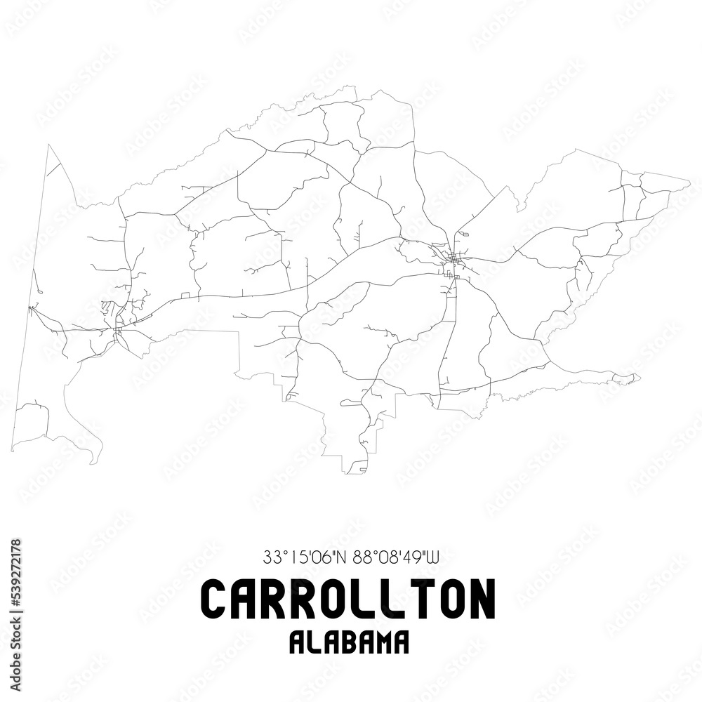 Carrollton Alabama. US street map with black and white lines.