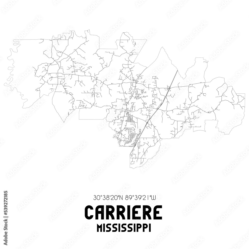 Carriere Mississippi. US street map with black and white lines. Carriere Mississippi. US street map with black and white lines.