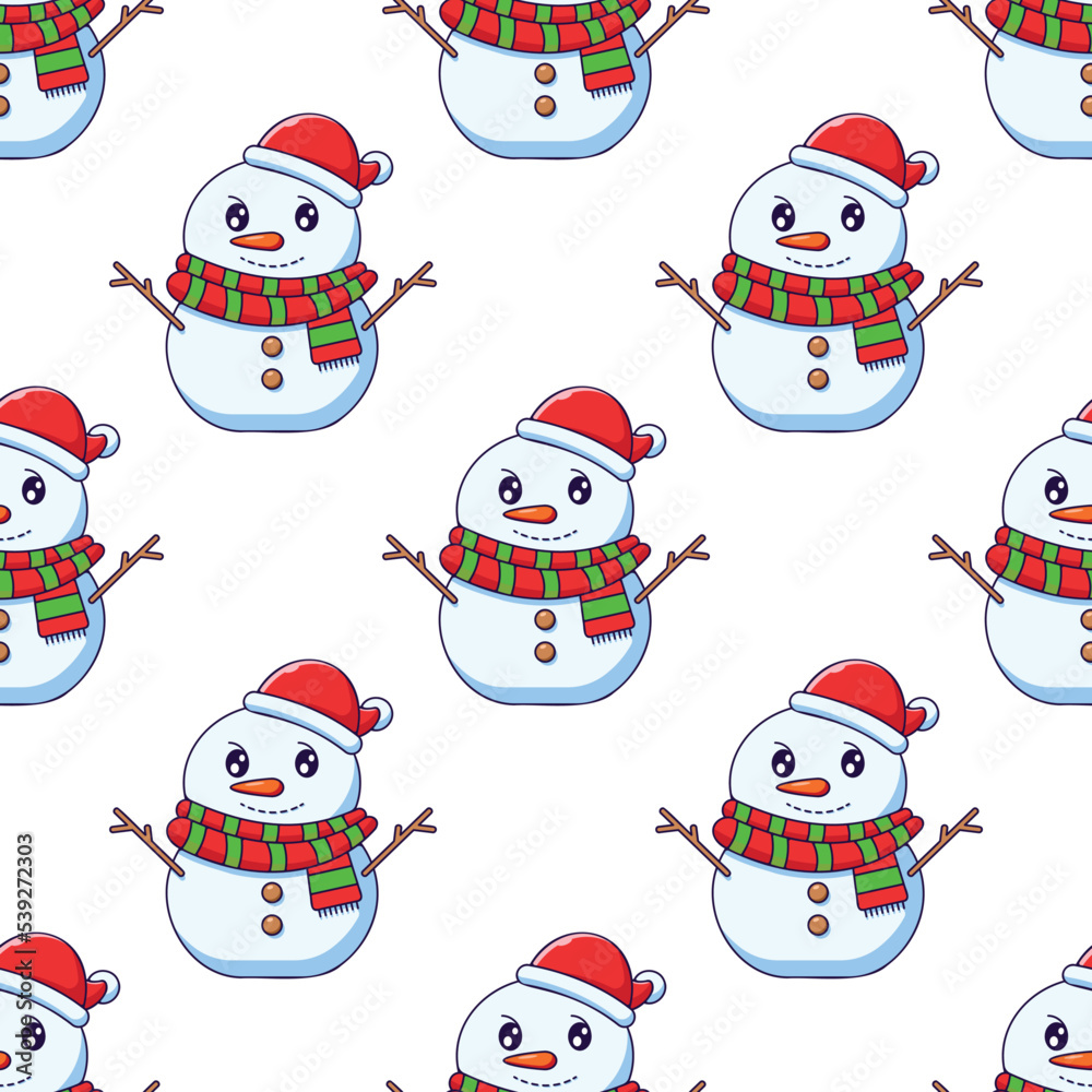 Christmas and New Year concept. Simple pattern of detailed cartoon snowman on   background. Perfect for web sites, wrappers, giftboxes, postcards