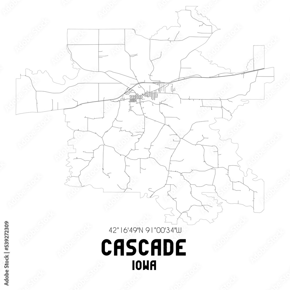Cascade Iowa. US street map with black and white lines.