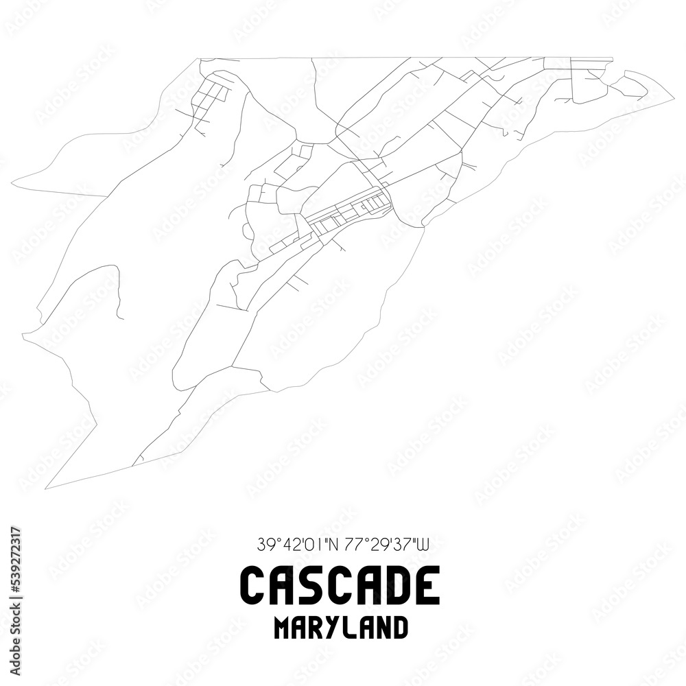 Cascade Maryland. US street map with black and white lines.