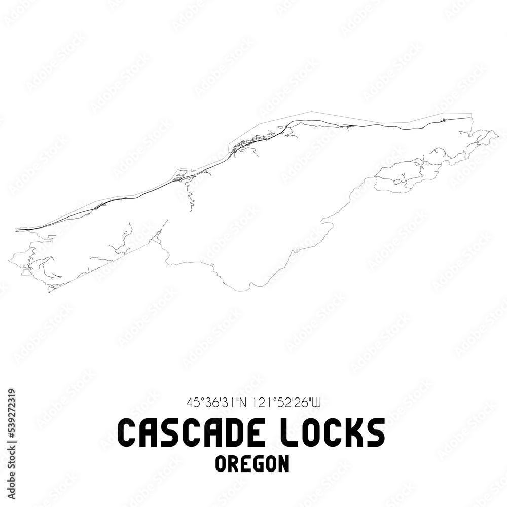Cascade Locks Oregon. US street map with black and white lines.