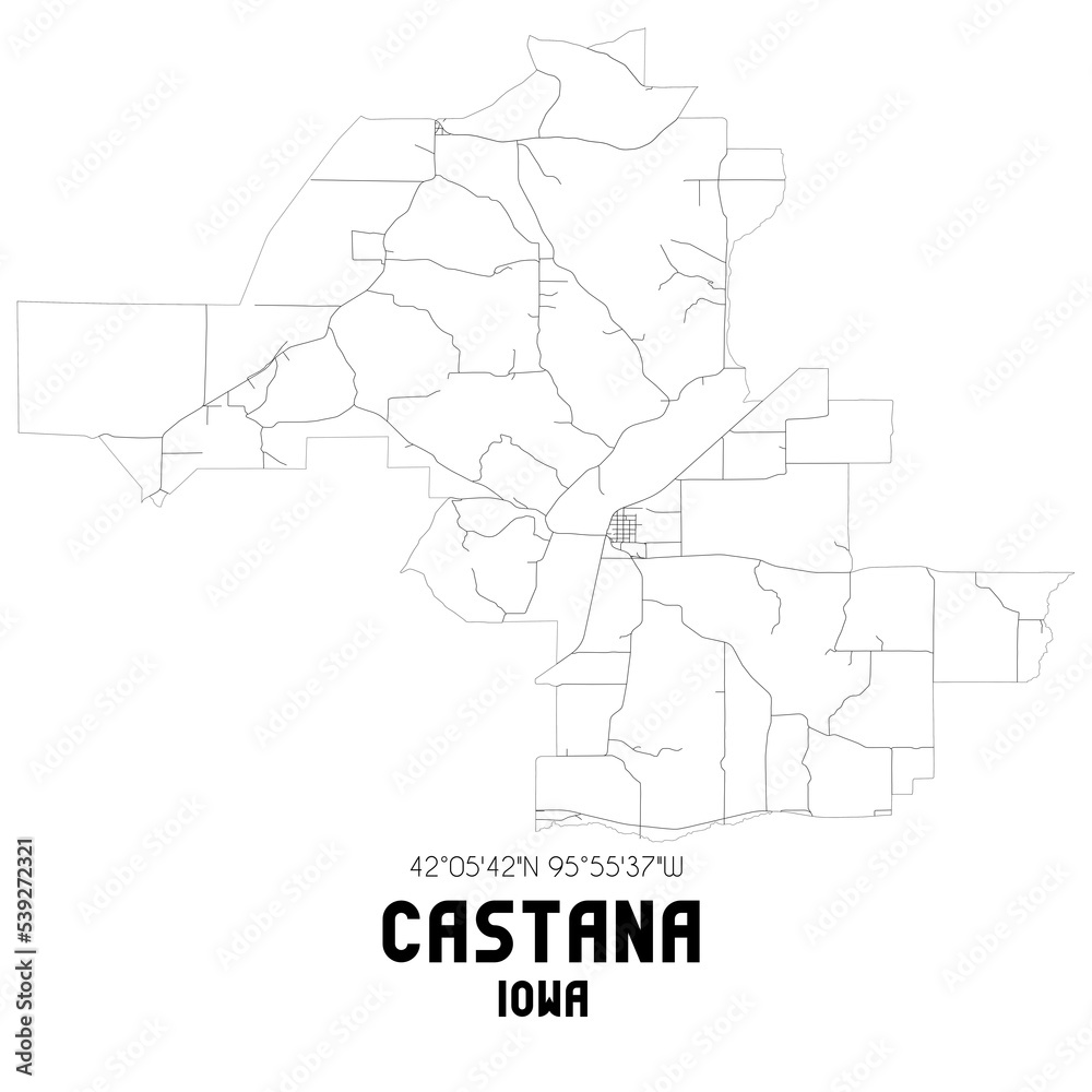 Castana Iowa. US street map with black and white lines.
