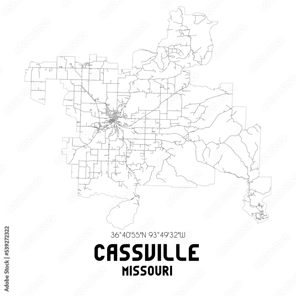 Cassville Missouri. US street map with black and white lines.