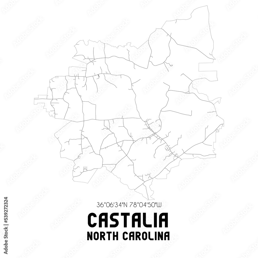 Castalia North Carolina. US street map with black and white lines.