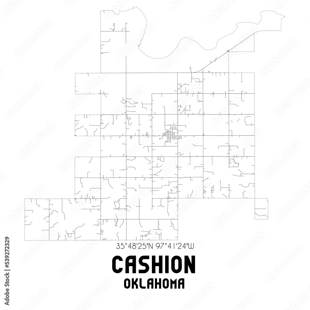 Cashion Oklahoma. US street map with black and white lines.
