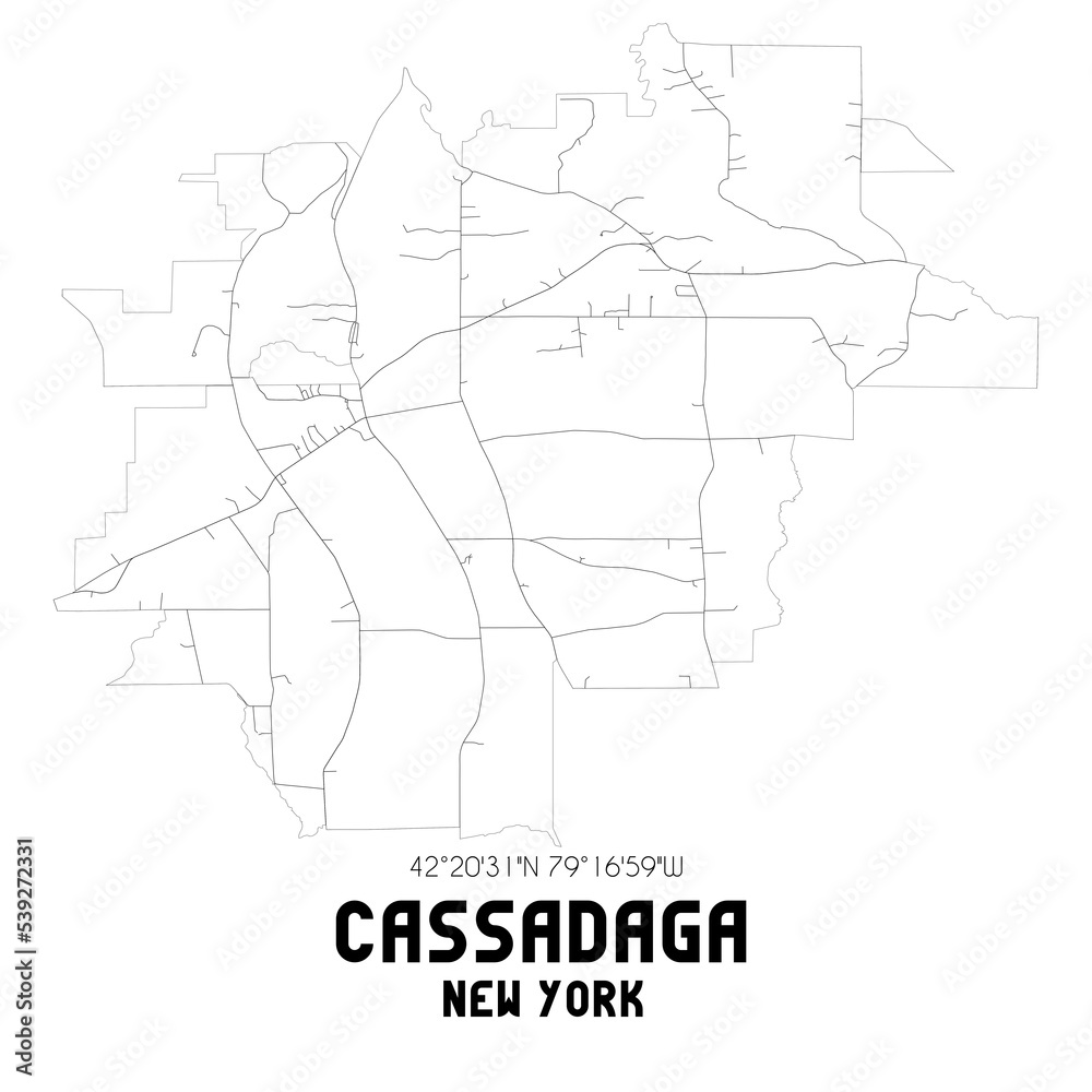 Cassadaga New York. US street map with black and white lines.