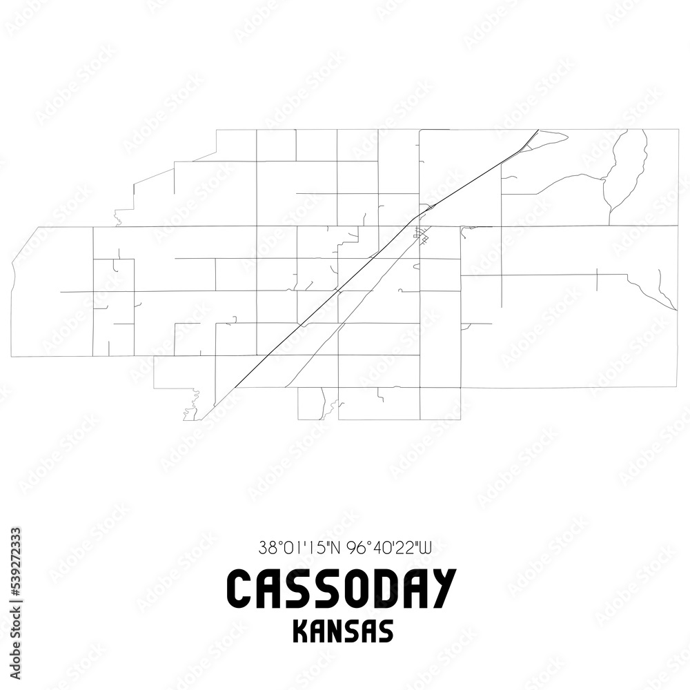 Cassoday Kansas. US street map with black and white lines.