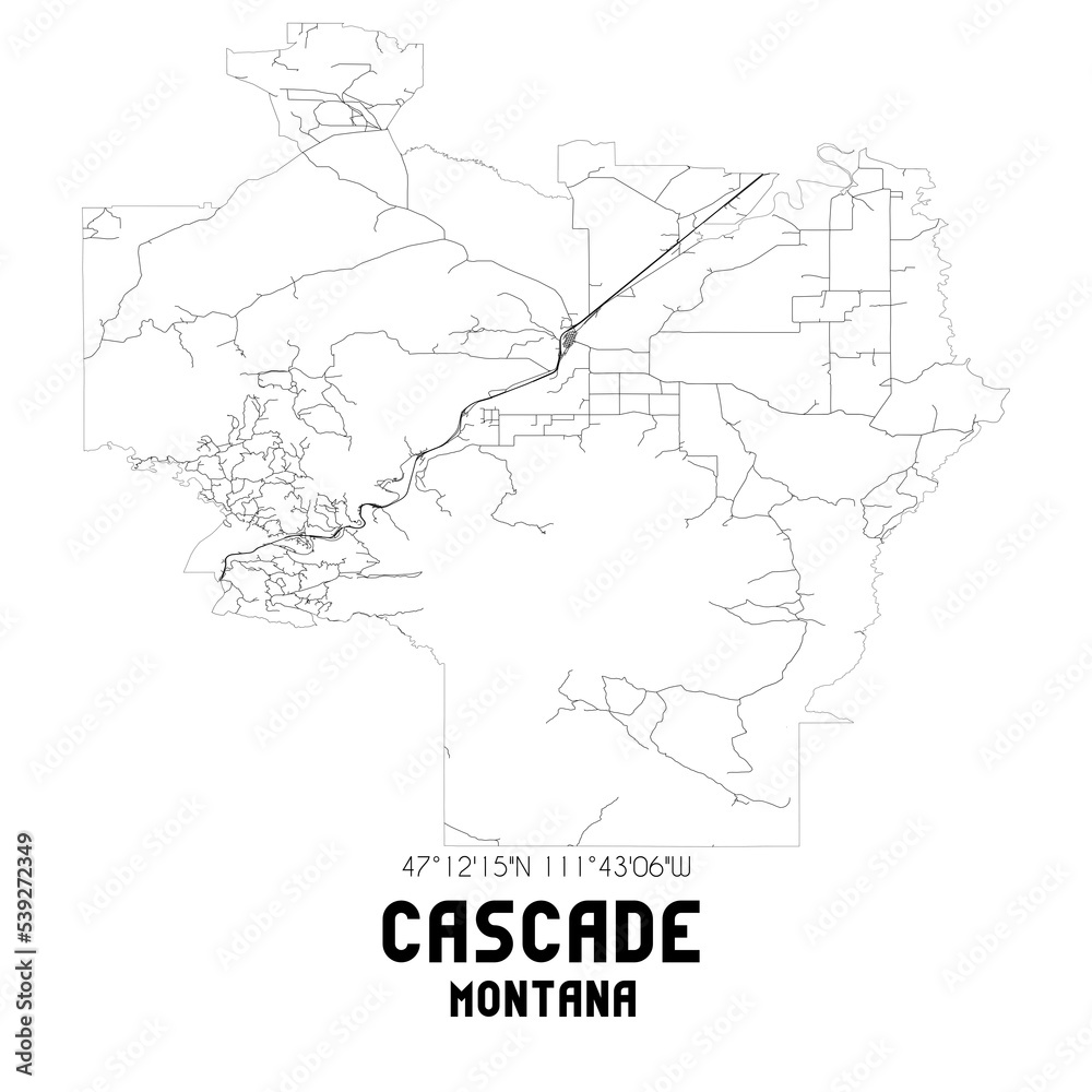 Cascade Montana. US street map with black and white lines.
