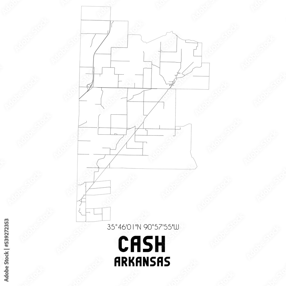 Cash Arkansas. US street map with black and white lines.