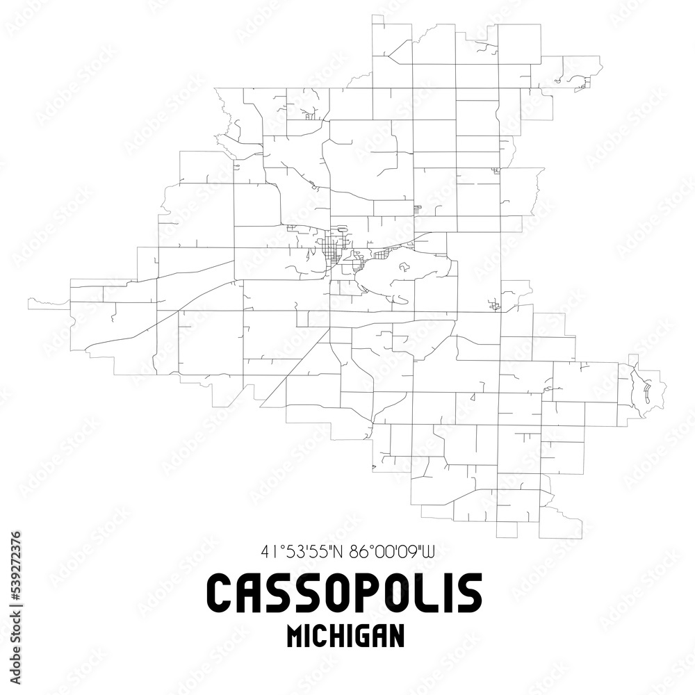Cassopolis Michigan. US street map with black and white lines.