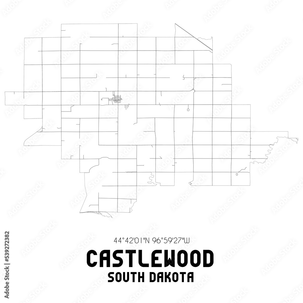 Castlewood South Dakota. US street map with black and white lines.