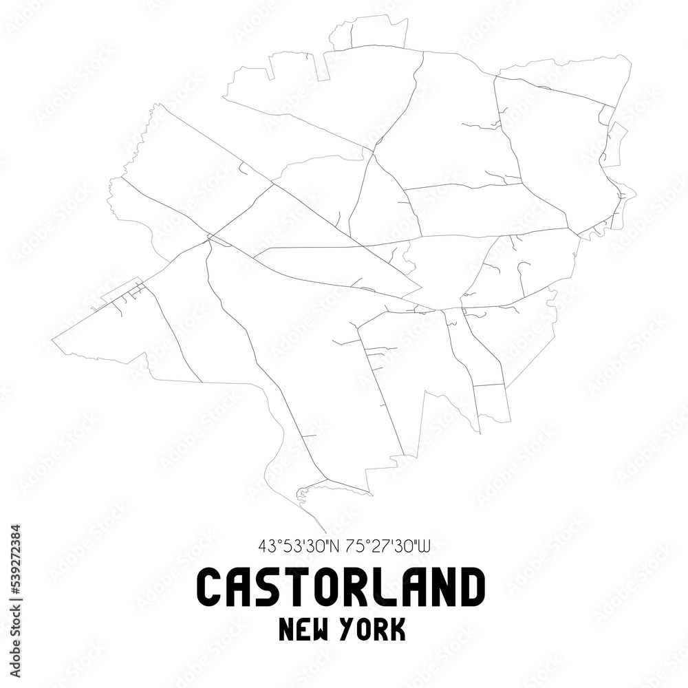 Castorland New York. US street map with black and white lines.