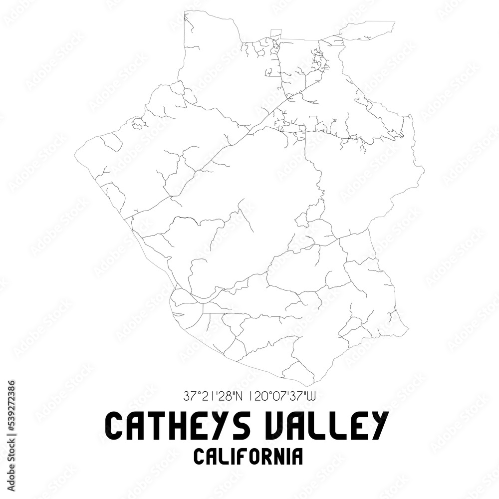 Catheys Valley California. US street map with black and white lines.