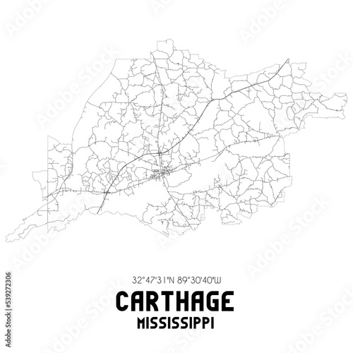 Carthage Mississippi. US street map with black and white lines.