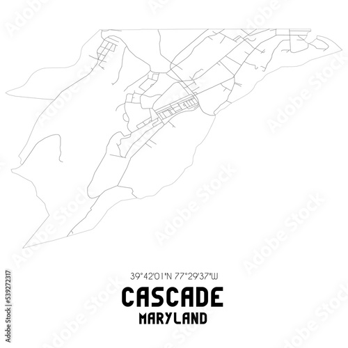 Cascade Maryland. US street map with black and white lines.