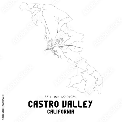 Castro Valley California. US street map with black and white lines.