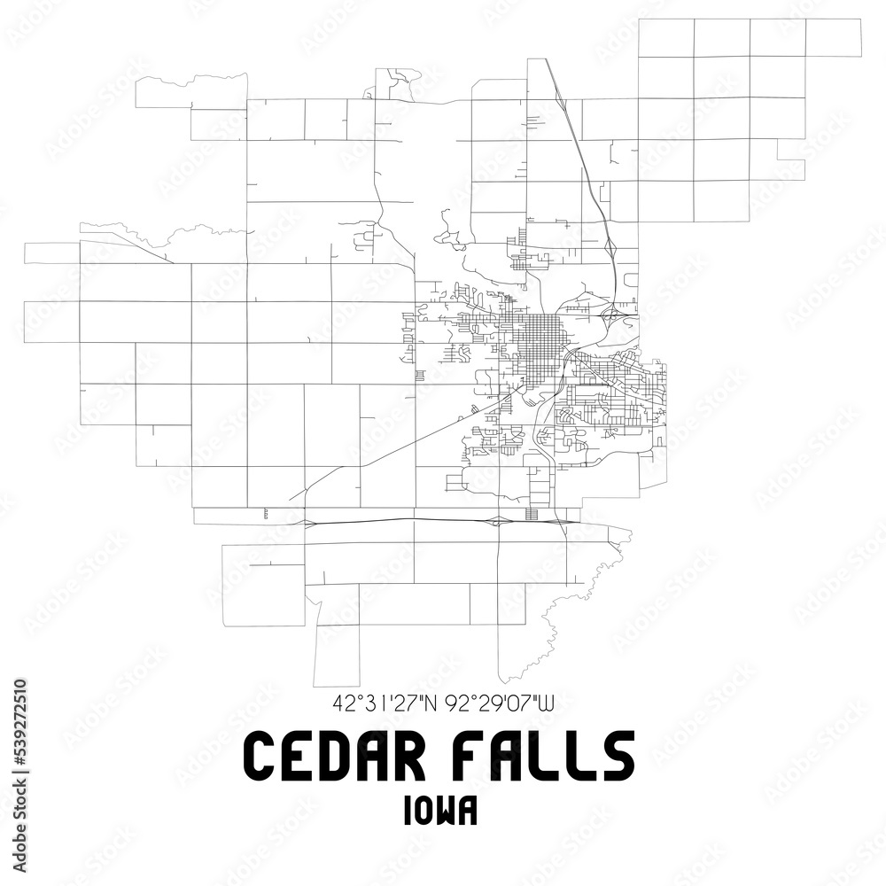Cedar Falls Iowa. US street map with black and white lines. Cedar Falls Iowa. US street map with black and white lines.