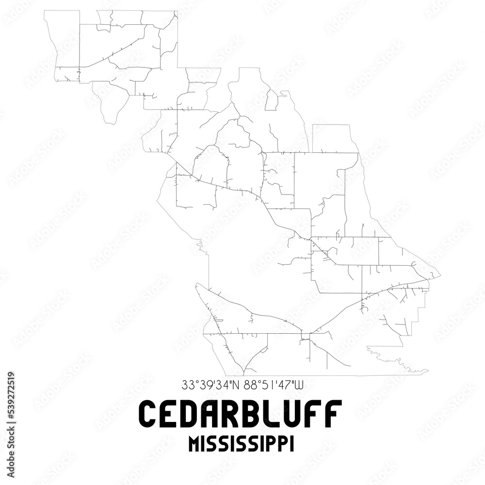 Cedarbluff Mississippi. US street map with black and white lines.