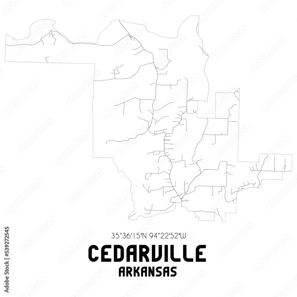 Cedarville Arkansas. US street map with black and white lines.