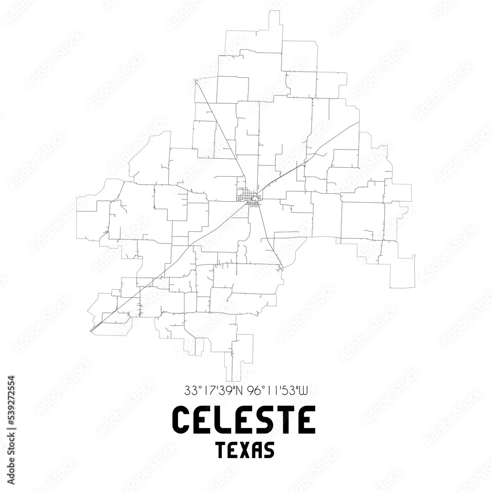 Celeste Texas. US street map with black and white lines.