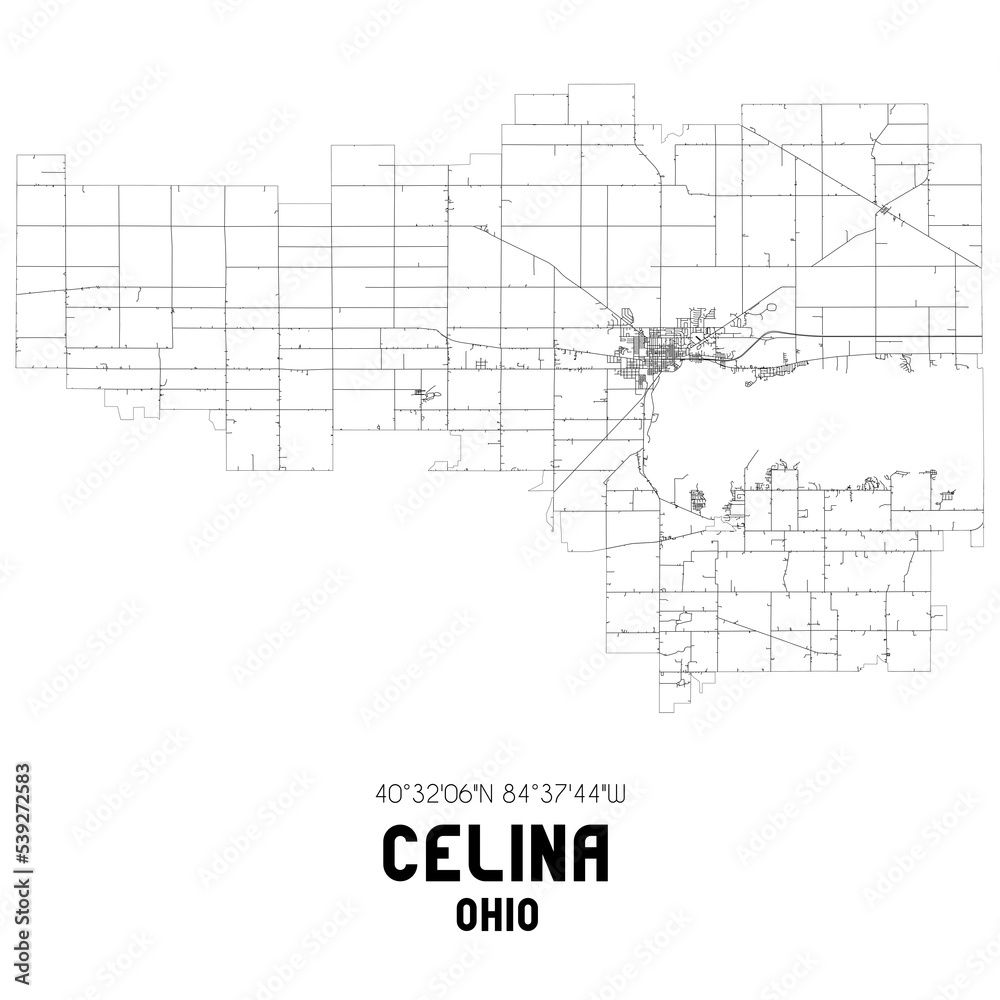 Celina Ohio. US street map with black and white lines.